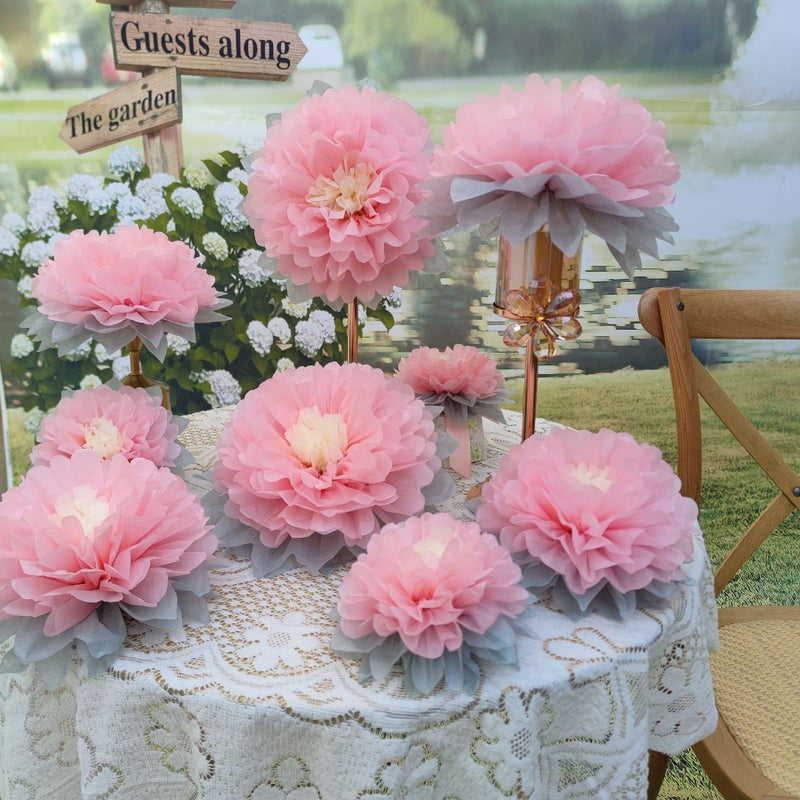 Mybbshower Paper Flower Decorations for Wall Backdrop Girld Nursery Wall Decor Wedding Bridal Shower Rooms Pink Grey Sizes 11" 9" 7" Pack of9 - Image 2
